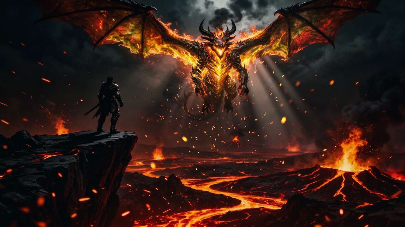 Lone armored warrior facing a colossal fire dragon over a molten landscape